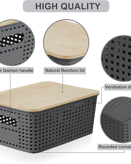 Small Plastic Storage Bins with Bamboo Lids 5.2qt Stackable Box Basket Pantry Decorative Containers Cute with Lable for Organizing Desktop Closet Office Gray of 6 packs 10 * 7.2 * 4.1'’