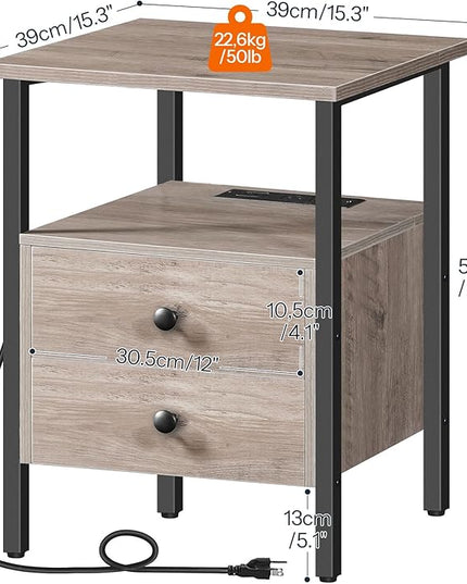 HOOBRO End Table with Charging Station, Bedside Table with 2 Drawer & USB Port & Type-C Port, Nightstand for Small Spaces, Stable and Sturdy, for Living Room, Greige and Black BG43UBZ01