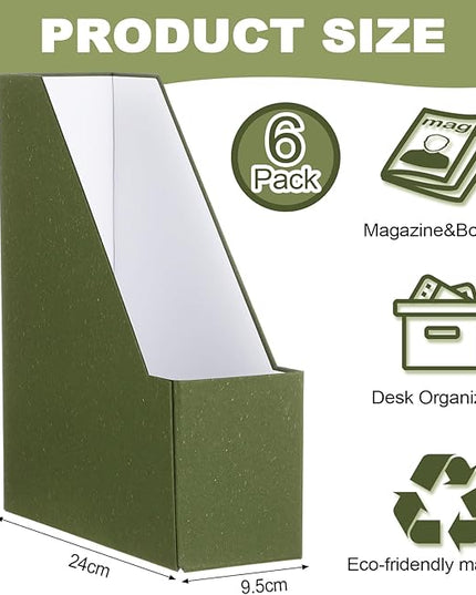 Gueevin Set of 6 Magazine File Holder Stylish Sturdy Cardboard File Boxes Desk Magazine Organizer Rack with Gold Label Holder to Organize Your Desk or Shelves for Home Classroom Office Library(Green)