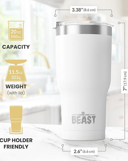 Beast 20 oz Tumbler Stainless Steel Vacuum Insulated Coffee Ice Cup Double Wall Travel Flask (Arctic White)
