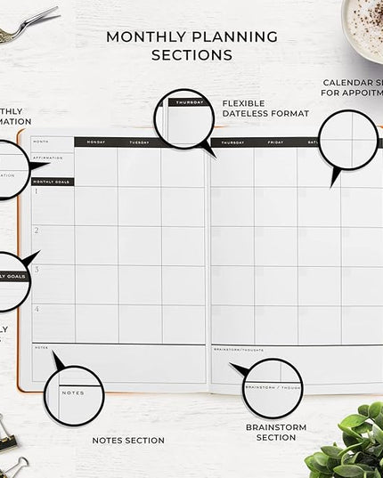 Smart Planner Pro – Undated Daily Planner – Large A4 – Achieve Goals & Increase Productivity with Weekly, Monthly, Work Sections - Organizer Diary with Back Pocket, 3 Satin Bookmarks & Pen Holder