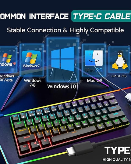 RK ROYAL KLUDGE RK61 Wired 60% Mechanical Gaming Keyboard Programmable QMK/VIA RGB Backlit 61 Keys Ultra-Compact Hot Swappable Blue Switch Black