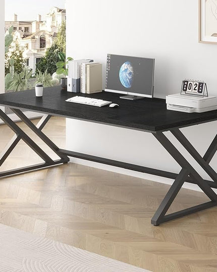 LVB 78.7" Black Computer Desk, Large Industrial Pc Study Home Office Desk, Long Modern Wood Gaming Work Writing Desk for 2 Person, Farmhouse Double Workstation Executive Desk with Storage in Bedroom