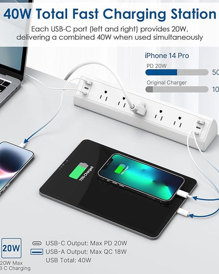 Jgstkcity Desk Clamp Power Strip USB C,40W Total Fast Charging Station,4 PD 20W USB C Ports,Desk Edge Mount Surge Protector,5 Outlets,Fit 1.96" Tabletop Edge,ETL Listed,White
