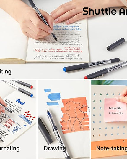 Shuttle Art Rollerball Pens, 10 Pack(8 black 1 blue 1 red) Liquid Ink Pens, 0.5mm Extra Fine Point, Quick Drying for Writing Journaling Taking Notes School Office