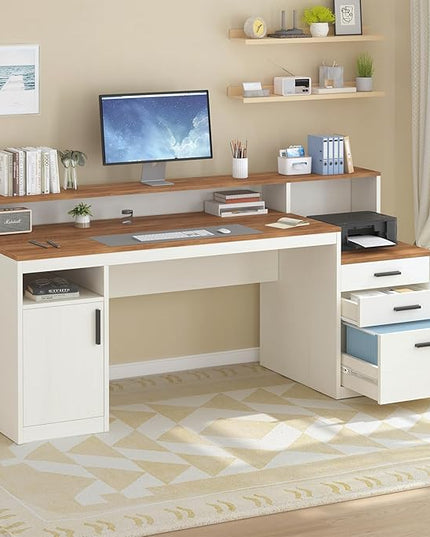 65 Inch Computer Desk with 3 Drawers & Storage Shelves, Executive Desk with File Drawer & Cabinet, Home Office Desk with Long Monitor Stand & Printer Shelf, Antique White