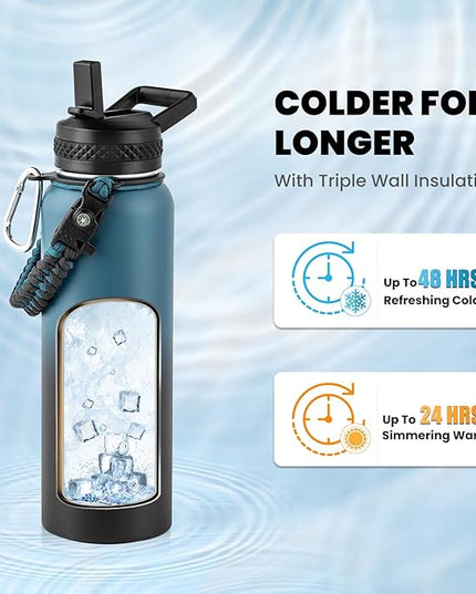 Insulated Water Bottle 40 oz, Triple Wall Vacuum Stainless Steel (Cold for 48 Hrs), Leak Proof & Non-BPA, Modern Water Flask Jug with Paracord Handle & Straw Spout Lids, Indigo/Black