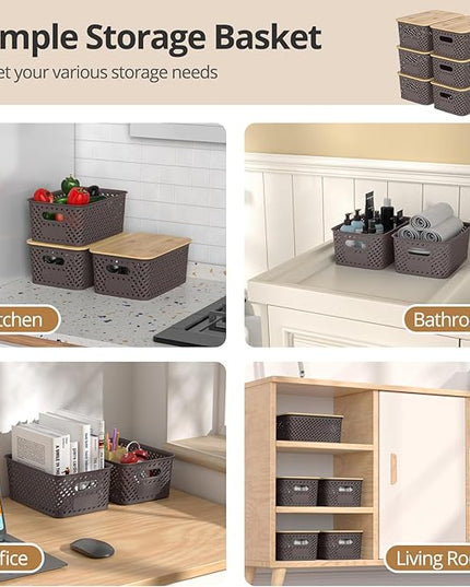 Plastic Storage Bins with Bamboo Lids, Stackable Small Box Baskets for Organizing and Containers for Shelves Drawers Desktop Closet Pantry Classroom Office Home, 6 Pack 10.2x7.2x4.1 Inch, Brown
