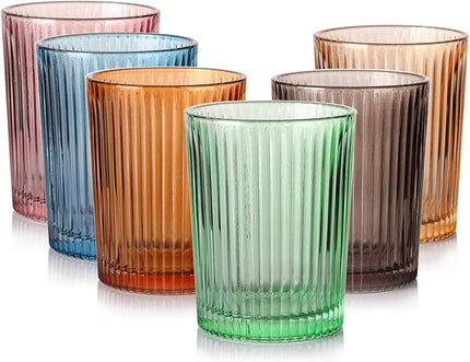 Ribbed Juice Glasses 10 oz. Set Of 6 Glass Cups - Drinking Beverage Tumblers for Soda, Water, Milk, Coke, and Spirits, Durable Heavy Bottom Juice Glassware-For Home and Bars
