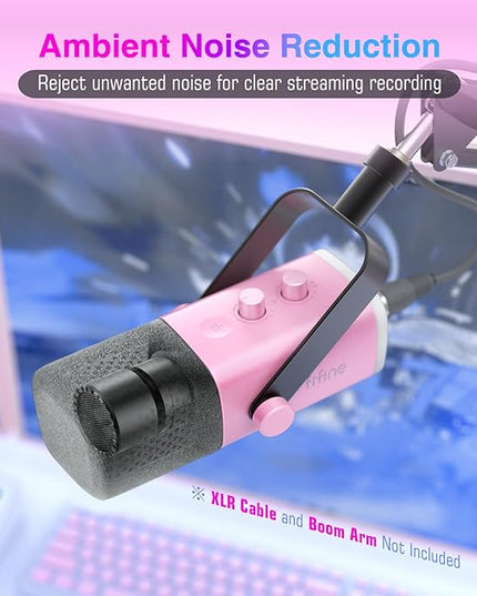 FIFINE XLR/USB Microphone, Gaming Recording PC Microphone with Headphones Jack, Mute Button, Dynamic RGB Mic for Computer, Streaming Mic for Podcasting Voice-Over YouTube Video-AmpliGame AM8 Pink