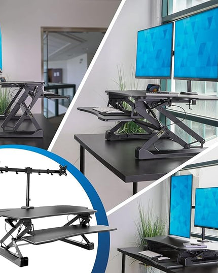 Mount-It! Standing Desk Converter Height Adjustable 47" Extra Large Wide Stand Up Desk Riser, Dual Monitor Arm Mounts, Stand Up Desk Convertor with Keyboard Tray, Fits Two Monitors up to 32"
