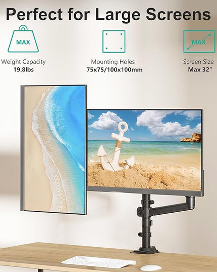WALI Dual Monitor Mount, 13-32 Inch Adjustable Spring Dual Monitor Arm for Desk Holds Max 19.8 lbs Screens, Swivel Vesa Bracket with C Clamp, Grommet Mounting, Monitor Arms for 2 Monitors (GSDM002)