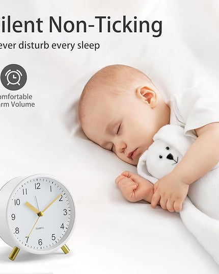 Analog Alarm Clock, 4 inch Super Silent Non Ticking Small Clock with Night Light, Battery Operated, Simple Design, easy setting for Office, Bedroom, Bedside, Desk, teens, elders, kids, adult, White
