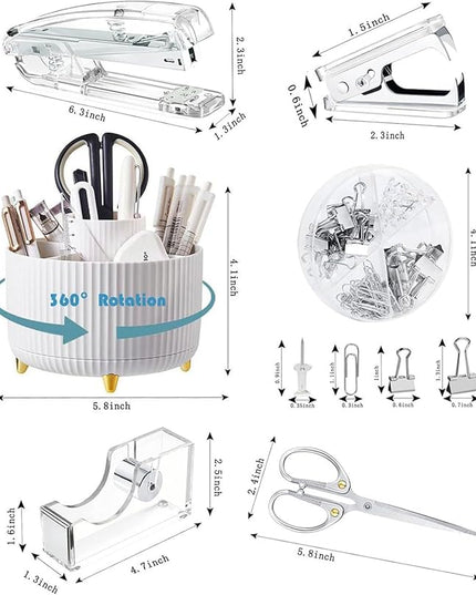 Desk Organizers and Accessories Set with 360-Degree Rotating Pen Holder, Acrylic Stapler, Tape Holder, Staple Remover, Binder/Paper Clips Kit, Scissor and 1 Box of Staples