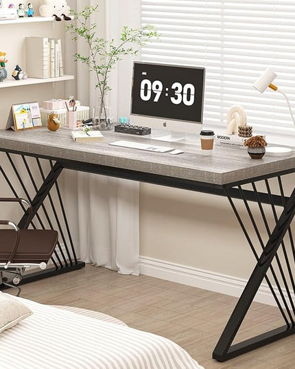FOLUBAN Modern Desk, Rustic Wood and Metal Computer Desk for Home Office, Simple Study Writing Gaming Table for Bedroom Living Room, Light Grey, 53 Inch
