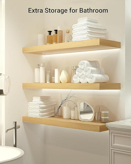 Heimlove 12 Inch Deep Floating Shelves, 55 x 12 inches Long Wall Shelf, Large Extra Display Shelf & Storage Shelf, Rustic Wood Wall Shelves for Fireplace Mantel, Set of 1(Oak)