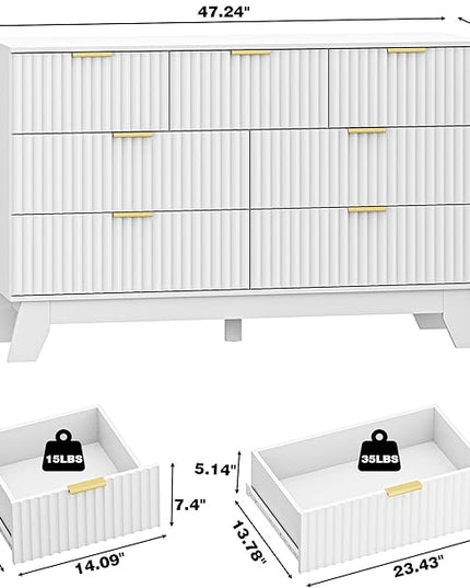 HUANLEGO Fluted Dresser for Bedroom with 7 Drawer, Mid Century Modern Chest of Drawers, 48" Wide Natural Wood Dresser for Closet, Wooden Boho Chest Closet Storage TV Stand for Bedroom, White