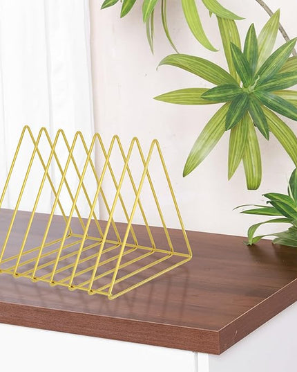 Urban Deco Triangle Desk Organizers Metal Wire Magazine Holder 7 Sections Decorative File Folder Organizer Vinyl Record Storage Office For Desk - Gold Magazine File Holder - Pack of 2