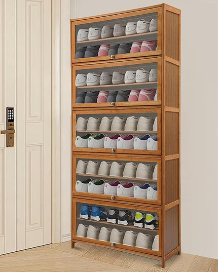 11 Tier Shoe Storage Cabinet, Bamboo Shoe Storage Cabinet Tall, Free Standing Shoe Racks Organizer with Cover, Multi Tier Vertical Shoe Rack Organizer for Entryway Office Living Room