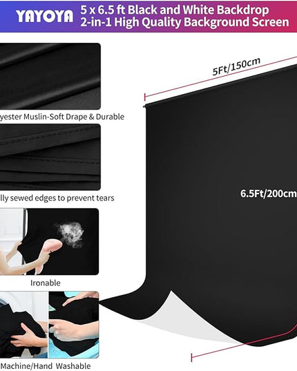 Black White Backdrop Screen with Stand Kit 5x6.5ft for Photo Video Studio, 2-in-1 Revisible Black Backdrop White Screen with T-Shaped Photography Background Support Stand and 5 Clamps