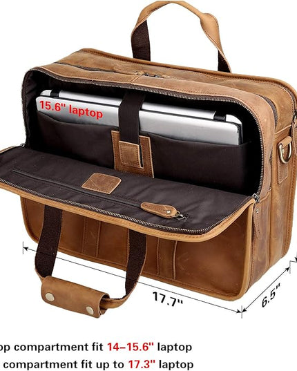 Polare 17'' Full Grain Leather Briefcase Laptop Attache Case Messenger Bag For Men Fits 15.6'' Laptop