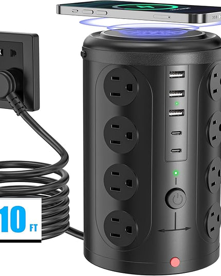 Surge Protector Power Strip,Desk Charging Station with 15W Wireless Charger, Multiple Outlets Charging Station with 16 AC Outlets & 5 USB (2 USB C) Port, for Home, Office, Dorm Room（10FT）