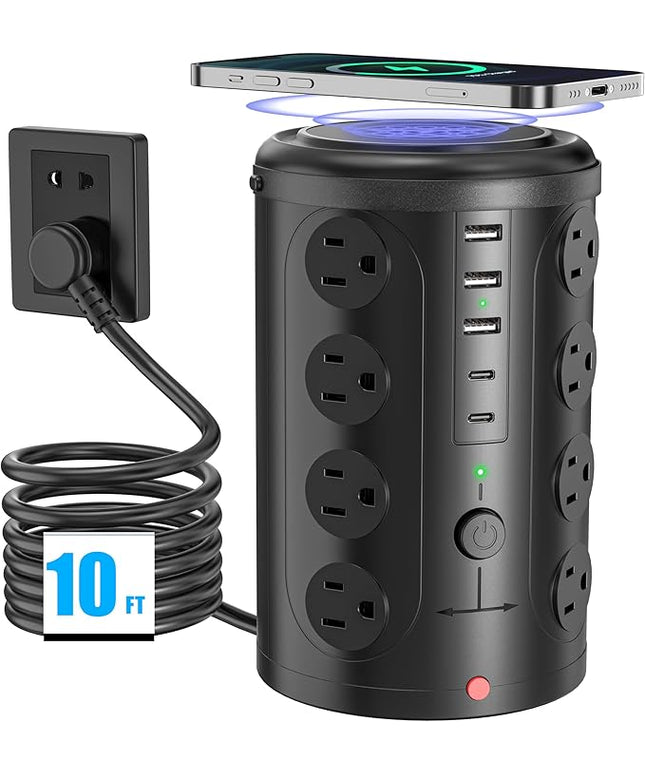 Surge Protector Power Strip,Desk Charging Station with 15W Wireless Charger, Multiple Outlets Charging Station with 16 AC Outlets & 5 USB (2 USB C) Port, for Home, Office, Dorm Room（10FT）