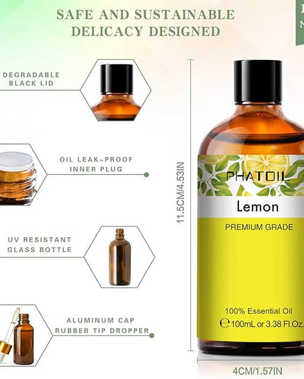 PHATOIL 3.38FL.Oz Lemon Essential Oil, for Aromatherapy Diffusers, Humidifiers, Great for DIY Candle and Soap Making, Gift for Friend