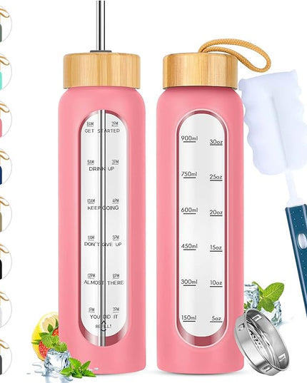 32 oz Glass Water Bottle with Straw - Motivational Time Marker & Silicone Sleeve - Reusable Tumbler Includes 2 Bamboo Lids & Fruit Infuser - 1 Pack