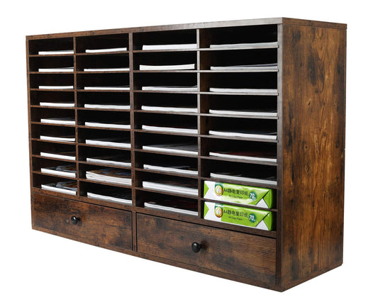 PAG-Mass Mail Sorter Organizer, Wood Literature Organizer, Student Mailbox for Classroom, Desktop Bill Paper Organizer for Office Home School, 38 Compartments, Antique Brown