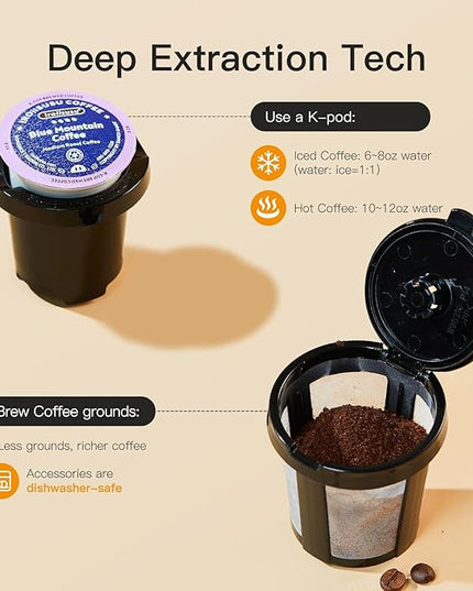 Mini Hot and Iced Coffee Maker Single Serve, for K Cup and Ground, 6 to 14 Oz Brew Sizes, with Recipe Book, for Home, Travel, RV, Office and Dorm, Elegant Gray