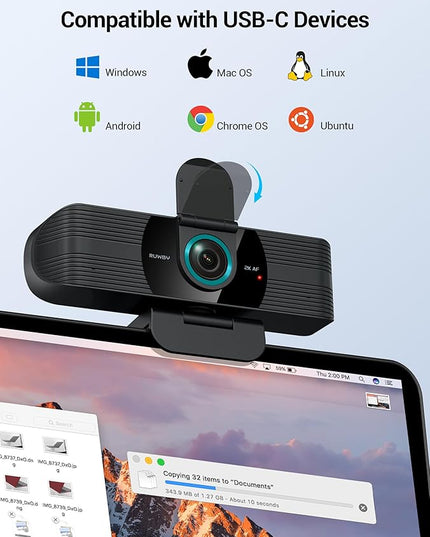 RUWBY QHD 2K Webcam with Built-in Dual Mics, Wide-Angle Lens, Privacy Cover, Tripod Stand, Autofocus PC Camera, Plug and Play for Desktop Computer or Laptop