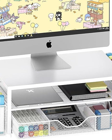 OPNICE Desk Organizers and Accessories, 2-Tier Computer Monitor Stand Riser with Drawer and 2 Pen Holders, Laptop Stand, Office Desk Accessories for Office Supplies, White