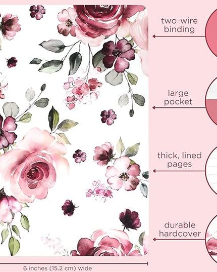 Steel Mill & Co Cute Mini Spiral Notebook, 8.25" x 6.25" Journal with Durable Hardcover and 160 Lined Pages, Rose Floral