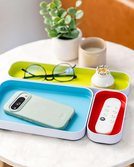 Three by Three Seattle 6 Piece Shallow Metal Organizer Tray Set for Storing Makeup, Stationery, Utensils, and More in Office Desk, Kitchen and Bathroom Drawers (1 Inch, Multicolor)