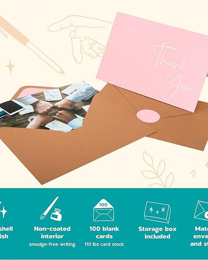 VNS Creations Thank You Cards With Envelopes Bulk Set & Stickers - 100 Pack 4x6 Blank Thank You Notes Bulk Box Set - Large Note Card Small Business, Wedding, Baby Shower & Bridal Shower - Pink