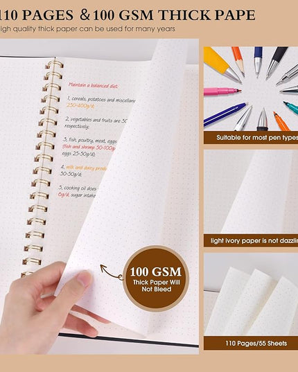 Dotted Notebook, Spiral Notebook Journal 8.5” x 11”, A4 Large Dot Grid Notebooks for Women Men, 100 GSM Dotted Paper, Plastic Hardcover Spiral Bullet Journals for Work School Sketching, Black