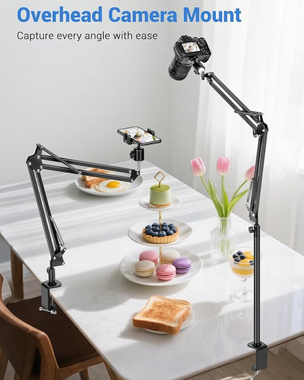 Overhead Camera Mount, Desk Camera Mount with 360° Adjustable Arm and Phone Holder for DSLR Cameras/iPhone/Webcam/Ring Light, Desk Phone Stand for Video Recording,Zoom Meeting,YouTube,TikTok