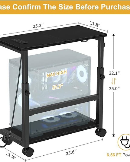 Snughome Computer Tower Stand with Charge Station, 25.0"-32.1" Height Ajustable PC Tower Stand for Floor, Mobile CPU Holder Cart for Carpet with Hooks, PC Cart for Gaming Office Home