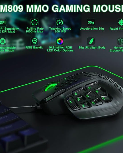 SOLAKAKA SM809 Gaming Mouse for MMO,24000 DPI,16 Programmable,RGB PC Gaming Mice,Black