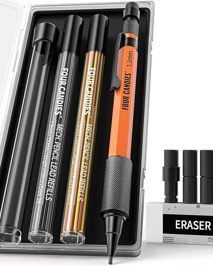 Four Candies 1.3mm Mechanical Pencil Set with 24 Lead Refills, Metal Weatherproof Heavy Duty Outdoor Carpenter Pencil, Eraser, 6 Eraser Refills for Architect Drafting Woodworking Marking with Case