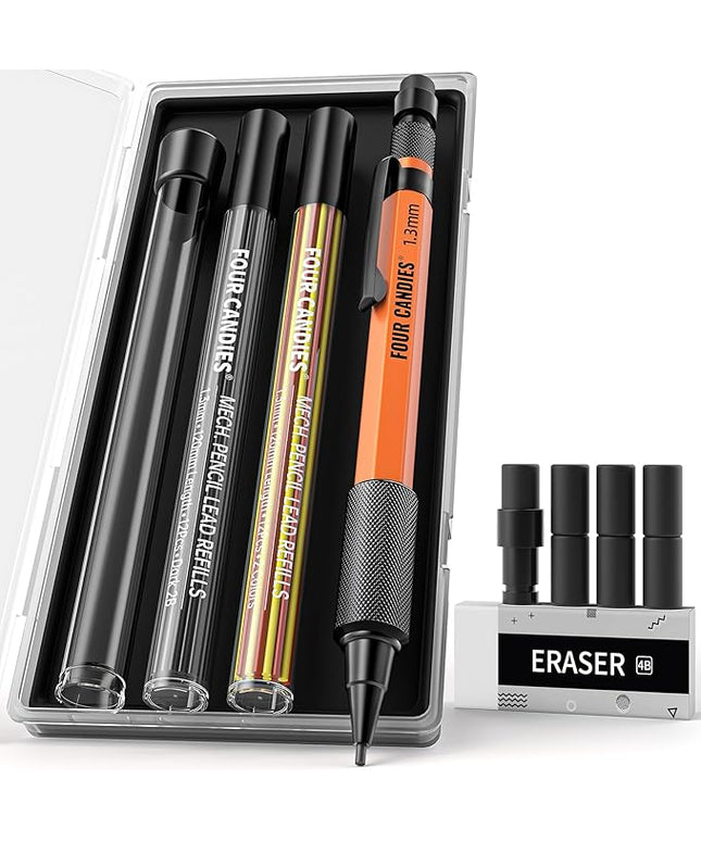 Four Candies 1.3mm Mechanical Pencil Set with 24 Lead Refills, Metal Weatherproof Heavy Duty Outdoor Carpenter Pencil, Eraser, 6 Eraser Refills for Architect Drafting Woodworking Marking with Case