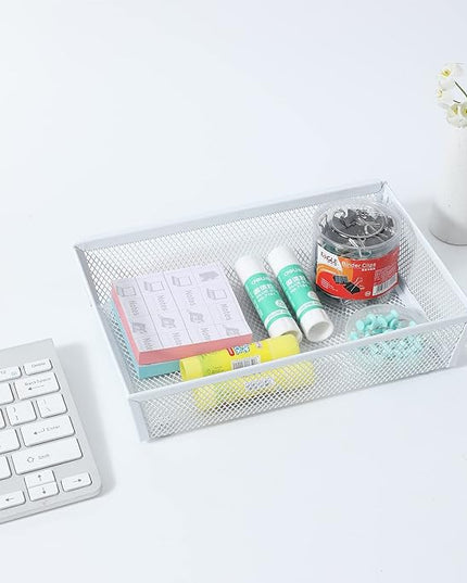 Mesh Tray Kitchen Drawer Utensil Cutlery Tray Office Supplies with Inter-locking Arm Drawer Dividers Organizer for Silverware, Flatware, Home,Office, School,Bedroom(9＂X6＂4pack) White