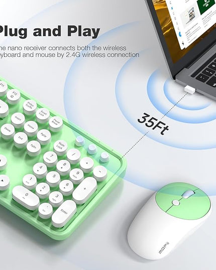 MOFII Wireless Keyboard and Mouse Combo, Computer Full Size 2.4G Plug and Play Wireless Typewriter Retro Round Keyboard and Mouse Set for Windows, Computer, Desktop, PC, Notebook - (Light Green)