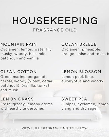 Eternal Essence Oils Housekeeping Set of 6 Premium Fragrance Oils - Includes Clean Cotton, Lemon Blossom, Lemon Grass, Sweet Pea, Ocean Breeze and Mountain Rain Scented Oils - 10ML