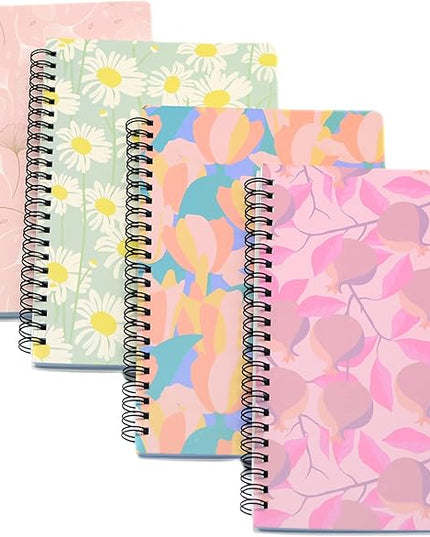 Yansanido Spiral Notebook, 4 Pcs A5 Thick Leaves Design Hardcover 8mm Ruled 4 Color 80 Sheets -160 Pages Journals for Study and Notes (Leaves)