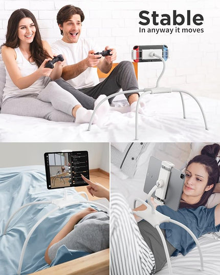 SAIJI iPad Stand, Adjustable Ergonomic Tablet Holder for Bed, Kindle Stand for Reading in Bed Fit for Tablet, Phone, Kindle, Portable Monitor, Switch and More 4.7"-17.3" Devices (White)