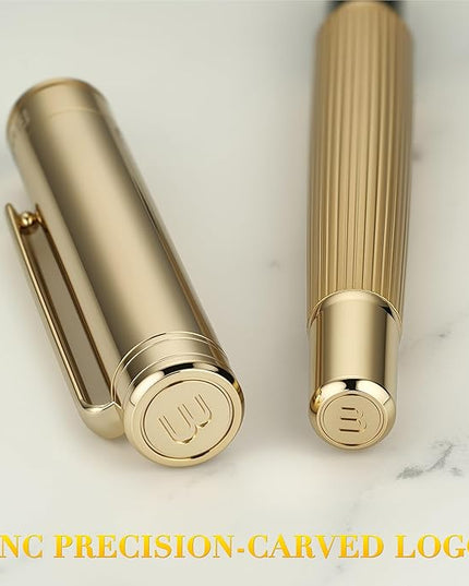 BEILUNER Lighthouse Series Rollerball Pen, 24K Gold Finish Pen Body, Exquisite Vertical Lines, Schneider 850 Refill, Nice Pen Gift Set for Men & Women, Office, Executive and Fancy Designer Pens (Gold)