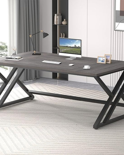 LVB Long Rustic Computer Desk, Industrial Large Wood Metal Office Desk, Modern Pc Study Gaming Writing Table for Two Person, Workstation Executive Desk for Home Bedroom Living Room, Dark Gray, 70 Inch