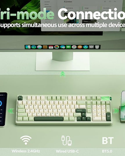 LEOBOG A98 - 96% Mechanical Keyboard Wireless Tri-Mode BT5.0/2.4GHz/USB-C, Creamy Keyboard with Number Pad, Gasket Structure Hot Swappable, RGB Backlit Green Gaming Keyboard with Knob for PC/Mac/Win